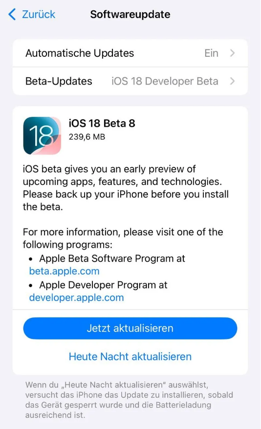 平昌苹果手机维修分享苹果 iOS / iPadOS 18 开发者预览版 Beta 8 发布 